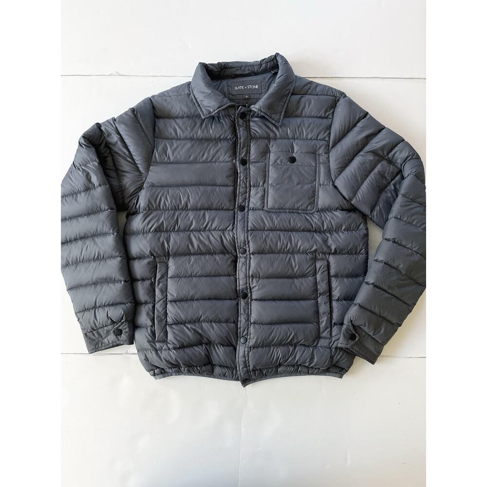 Slate & Stone Jacket Mens M Gray Down Puffer Snap Front Quilted Lightweight